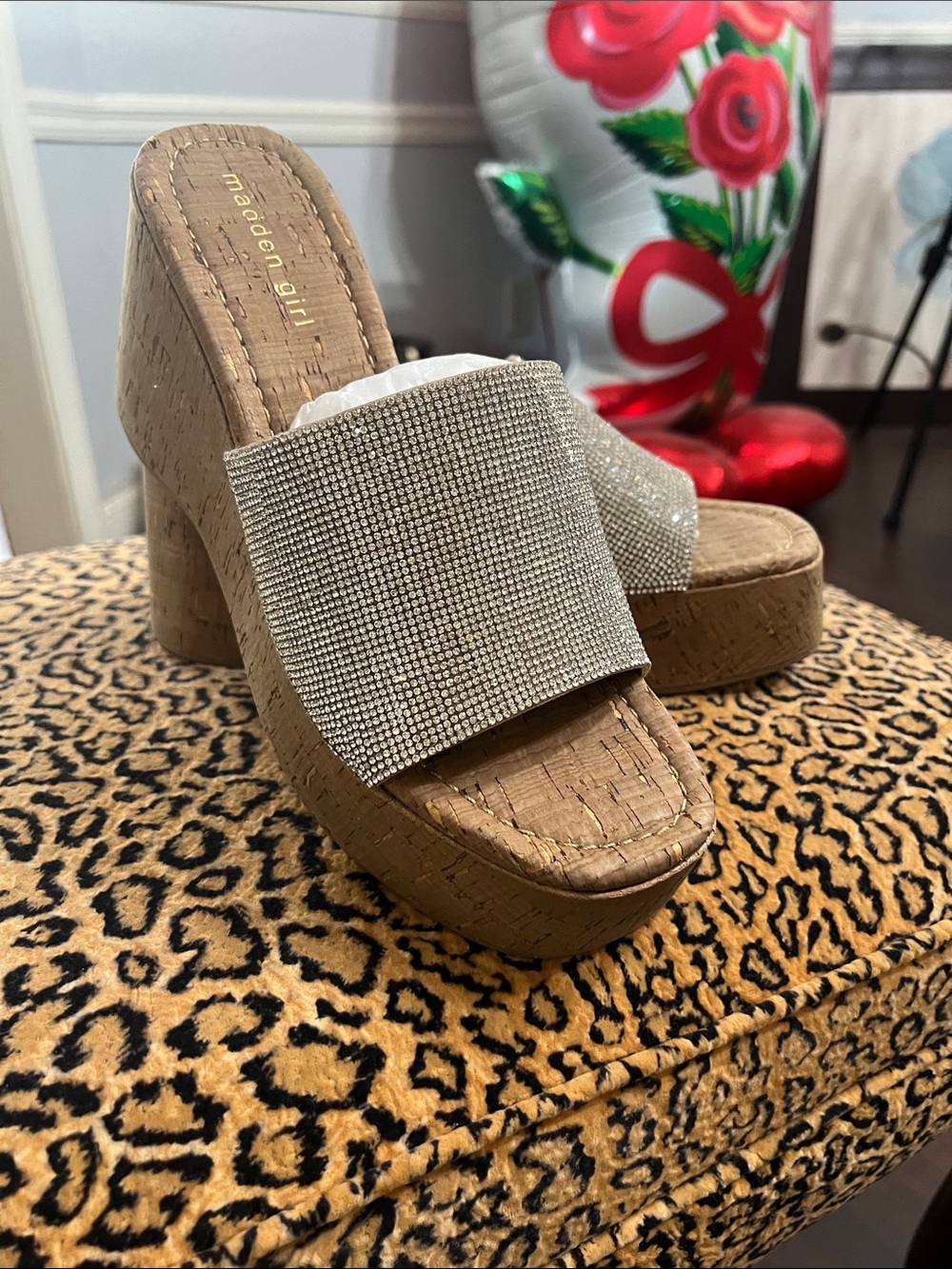 Madden Girl Tan Cork Platform Slides with Sparkle Crystal Strap